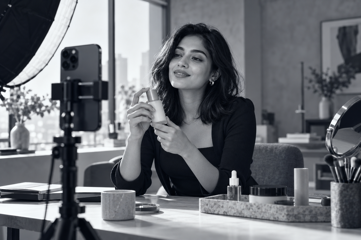 A creator filming skincare content in a studio